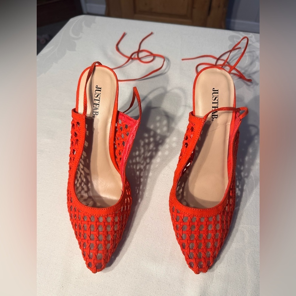 Just Fab Red Rattan Look Heels w/Wrap Ties Sz 7.5 Sexy CEO